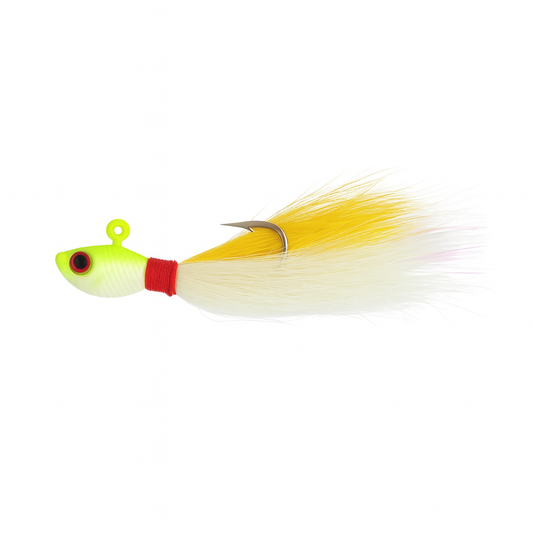 Backwater Bucktail Jig Sunflash 1/2 oz fishing lure, chartreuse head with yellow and white bucktail hair, red thread wrap, and red 3D eyes, perfect for targeting snook, tarpon, and redfish in bright or murky water.