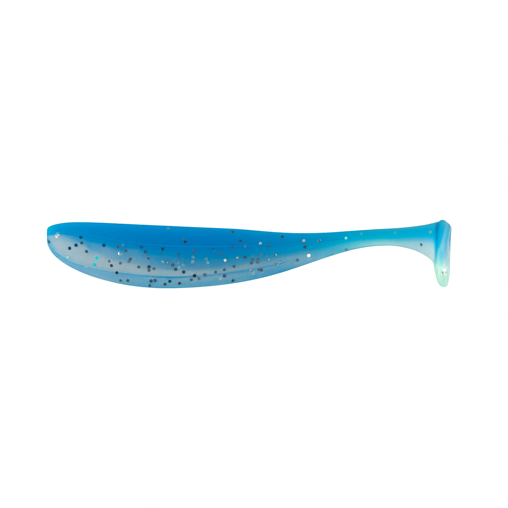Backwater Minnows Blue Tide soft plastic paddle tail fishing lure, 3.35 inch, 0.07 oz, blue and silver flake design for inshore species like redfish, trout, and snook.