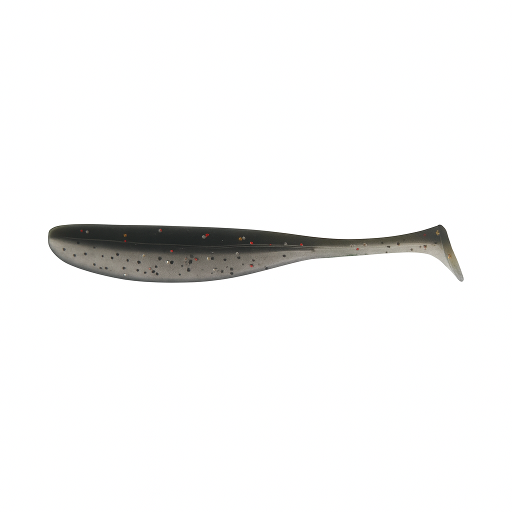 Backwater Minnows Midnight Flash soft plastic paddle tail fishing lure, 3.35 inch, 0.07 oz, dark gray body with silver, red, and gold flake ideal for low-light or stained water conditions targeting redfish, trout, and snook