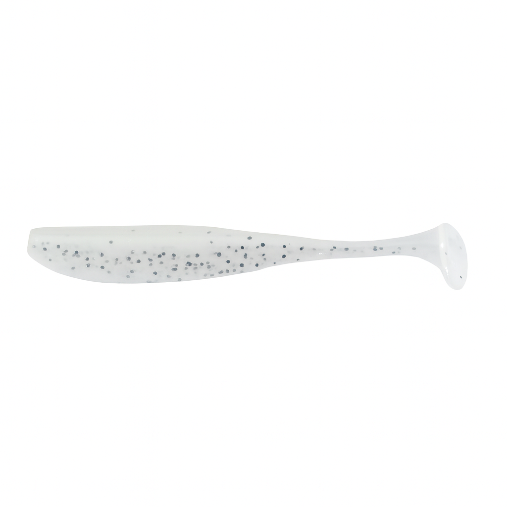 Backwater Minnows Salt Pearl soft plastic paddle tail fishing lure, 3.35 inch, 0.07 oz, white body with silver flake finish ideal for clear water and bright conditions targeting redfish, trout, and snook.