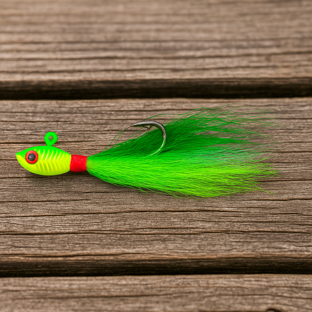 Backwater Bucktail Jig Limeflash 1/2 oz 4.5 in shown on a boat deck, chartreuse head with green and lime bucktail hair saltwater lure by Outshore Gear.