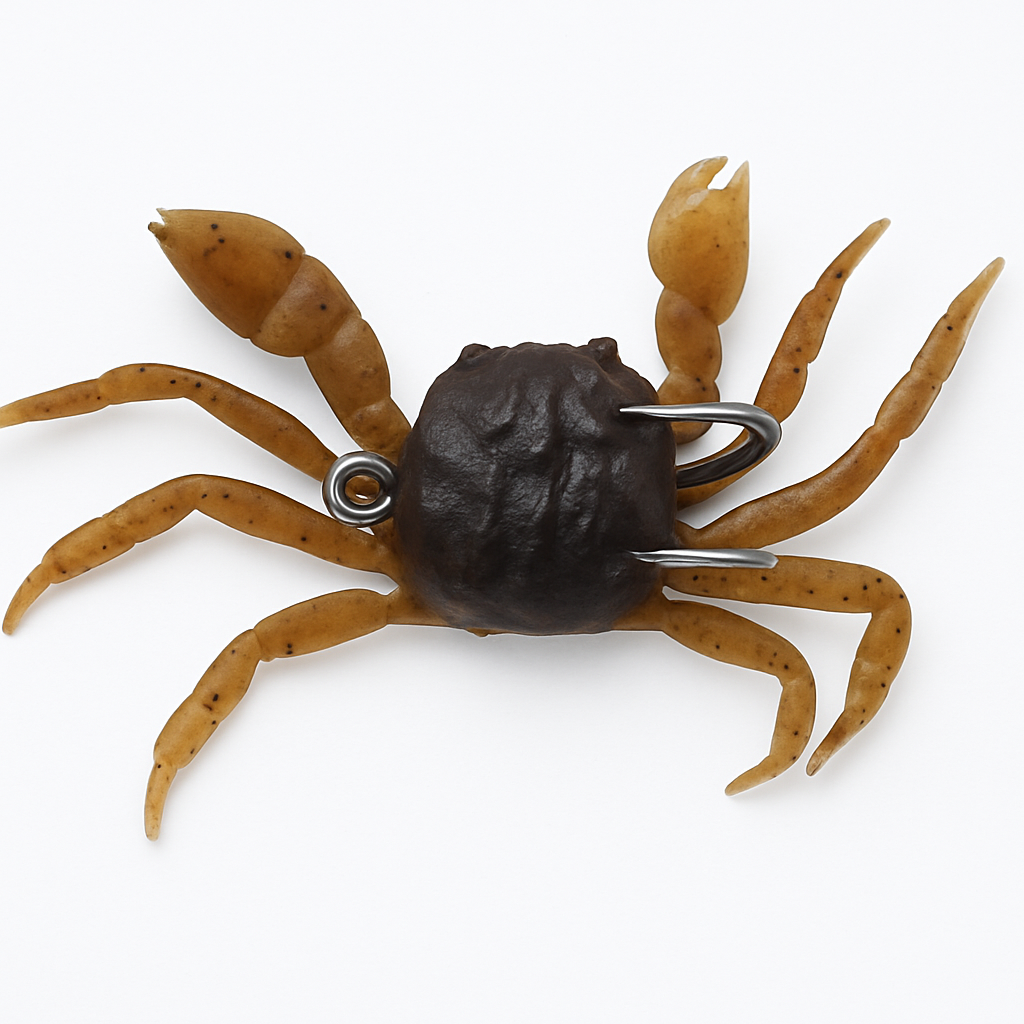 Backwater Crab 4-inch 19g soft crab lure Coastal Brown color with dark brown body, speckled legs, and raised claws on pure white background for saltwater fishing