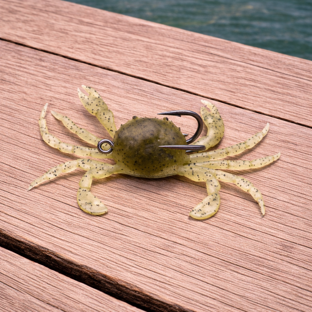 ghost sand 4 inch soft plastic crab lure on wooden dock near water