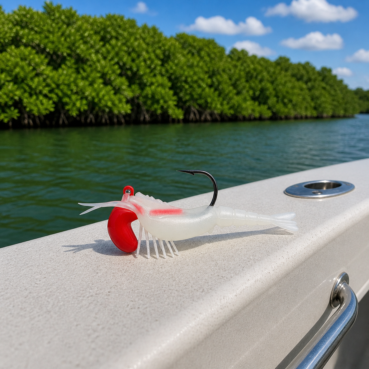 Backwater Shrimp Ghost White soft plastic fishing lure on boat gunwale with mangrove shoreline in background