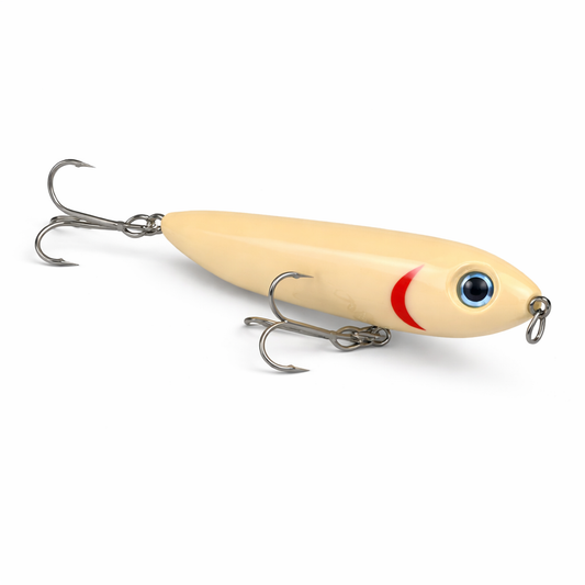 Backwater Walker Bone Shiner topwater lure by Outshore Gear flipped orientation showing classic bone finish and red strike gill for walk-the-dog surface action.