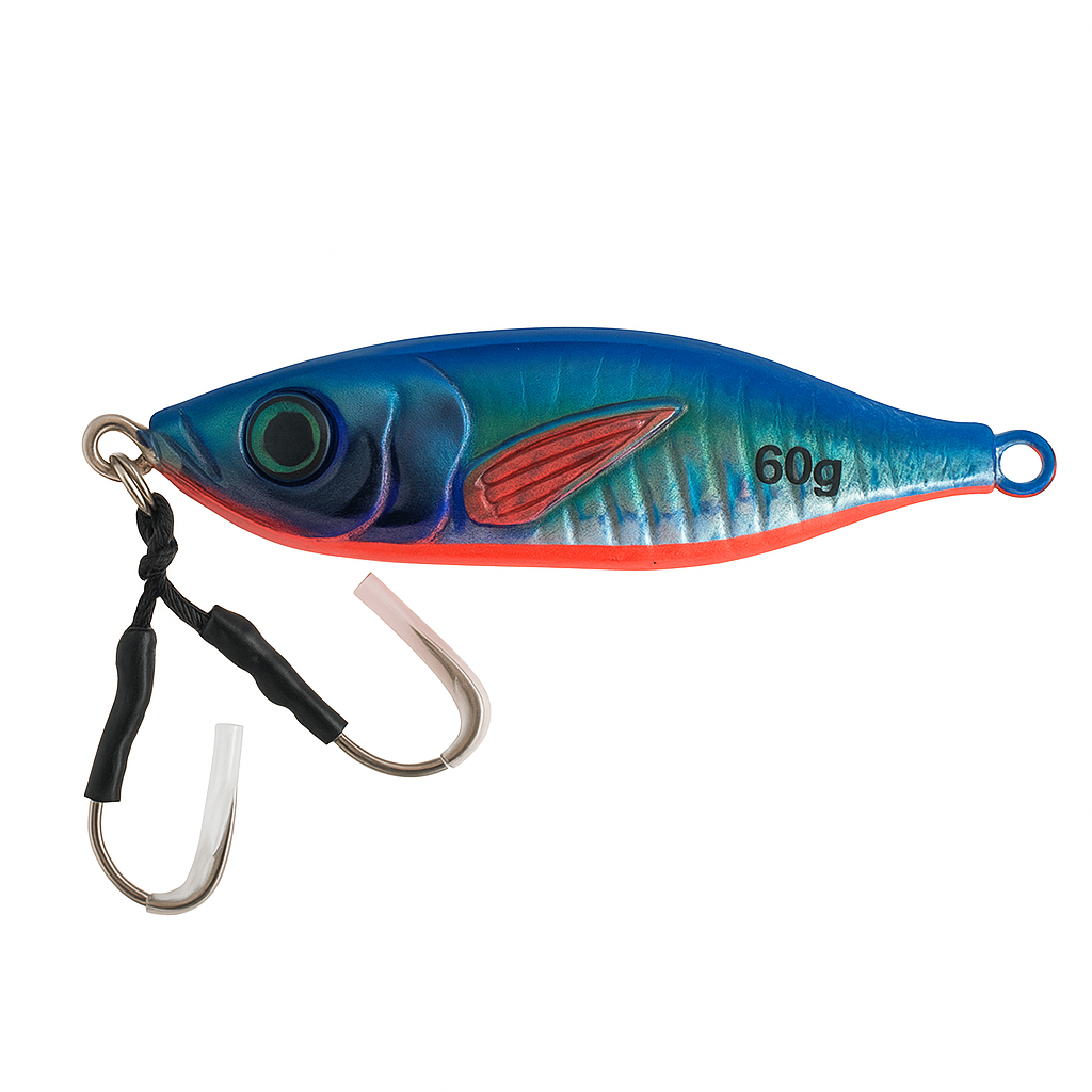 ReefStrike Slow Pitch Jig Blue Sardine 60g with dual assist hooks on white background, blue top with silver body and red belly for saltwater fishing