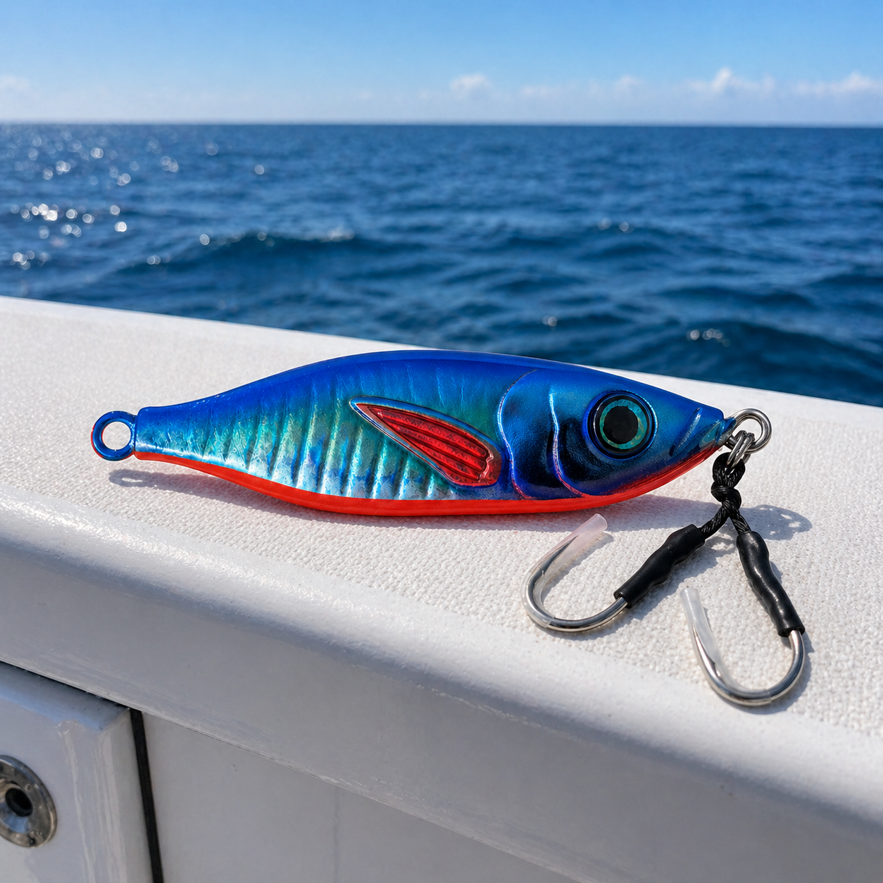 ReefStrike slow pitch jig Blue Sardine resting on a boat gunwale with open ocean in the background, rigged with dual assist hooks for offshore snapper and grouper fishing
