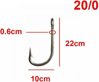 20/0 stainless steel shark fishing hook dimensions – 22cm long, 10cm wide, 0.6cm thick, heavy-duty big game saltwater hook