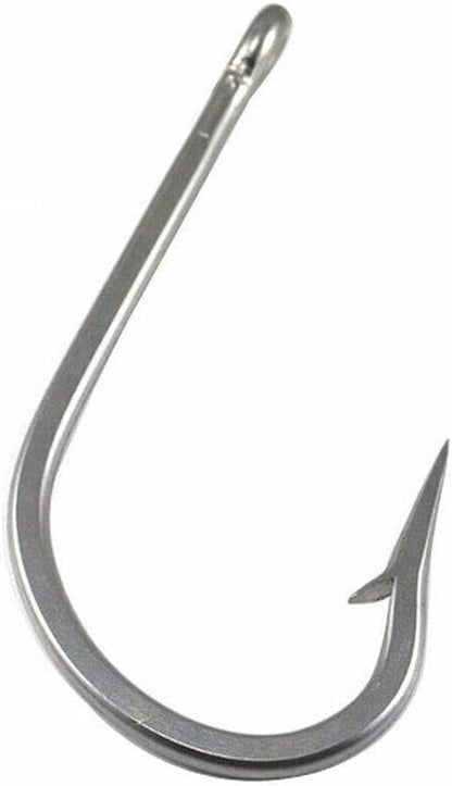 Close-up of 20/0 stainless steel shark fishing hook – heavy-duty, extra strong saltwater hook for big game fishing