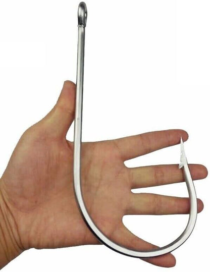 20/0 stainless steel shark fishing hook shown in hand for scale – extra strong big game saltwater hook