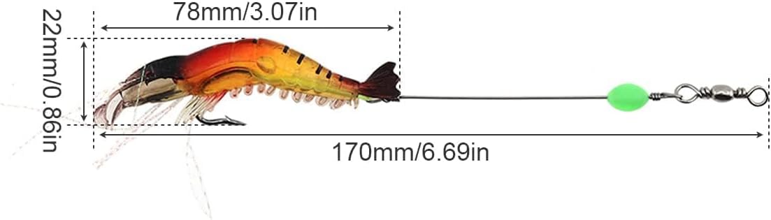 Orange shrimp fishing lure diagram with hook and bead rigging