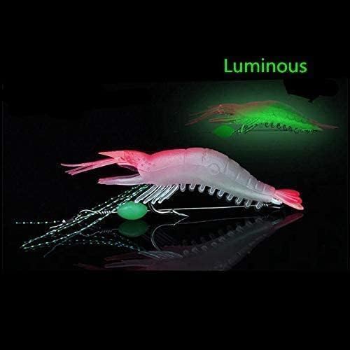 Pink luminous shrimp lure showing glow effect for night fishing