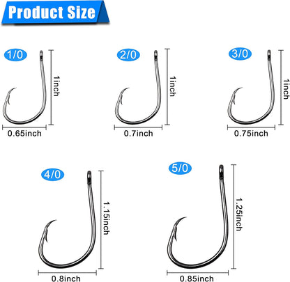 Saltwater Inline Circle Hooks – High Carbon Steel (100 Pack, Sizes 1/0–9/0)