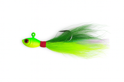 Backwater Bucktail Jig Lime Flash 1/2 oz fishing lure, chartreuse and green hair with red thread wrap and red 3D eyes, ideal for inshore species like snook, redfish, and tarpon.