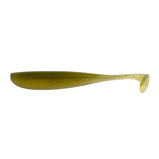 Backwater Minnows Bay Runner soft plastic paddle tail fishing lure, 3.35 inch, 0.07 oz, olive green body with red, gold, and black flake ideal for natural presentations targeting redfish, snook, and trout in clear or grassy water.