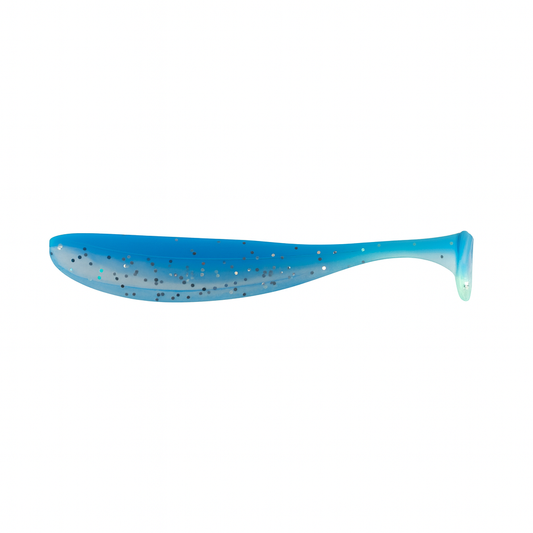 Backwater Minnows Blue Tide soft plastic paddle tail fishing lure, 3.35 inch, 0.07 oz, blue and silver flake design for inshore species like redfish, trout, and snook.