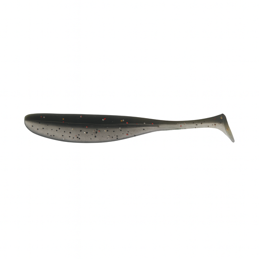 Backwater Minnows Midnight Flash soft plastic paddle tail fishing lure, 3.35 inch, 0.07 oz, dark gray body with silver, red, and gold flake ideal for low-light or stained water conditions targeting redfish, trout, and snook