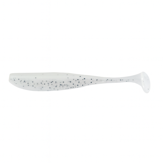 Backwater Minnows Salt Pearl soft plastic paddle tail fishing lure, 3.35 inch, 0.07 oz, white body with silver flake finish ideal for clear water and bright conditions targeting redfish, trout, and snook.