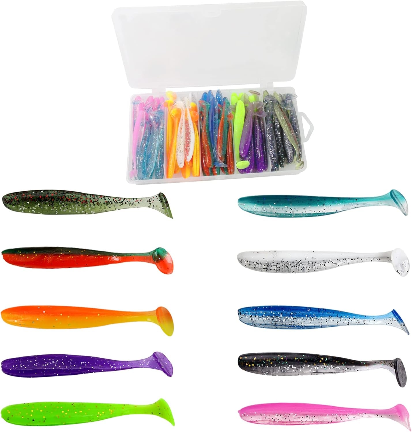 Box set of assorted paddle tail swimbaits in 10 bright colors, perfect for bass, redfish, trout, and snook.