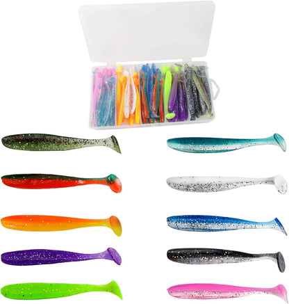 Box set of assorted paddle tail swimbaits in 10 bright colors, perfect for bass, redfish, trout, and snook.