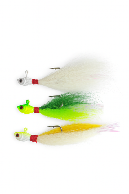 Outshore Gear Backwater Bucktail Jig 3-Pack, 1/2 oz saltwater jigs in Snowflash White, Lime Flash, and Sunflash colors for redfish, trout, and snapper.