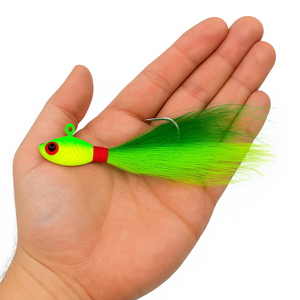 Backwater Bucktail Jig Limeflash 1/2 oz 4.5 in shown in hand for size reference, chartreuse head with green and lime bucktail hair by Outshore Gear.
