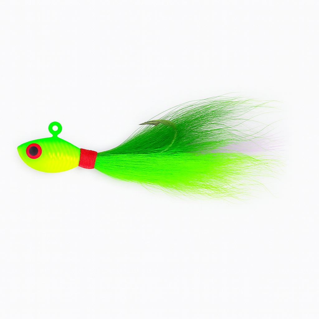 Backwater Bucktail Jig Limeflash 1/2 oz 4.5 in saltwater bucktail lure facing left, chartreuse head with green and lime bucktail hair by Outshore Gear.
