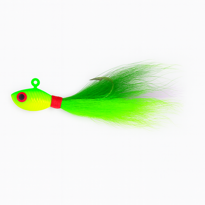 Backwater Bucktail Jig Limeflash 1/2 oz 4.5 in saltwater bucktail lure facing left, chartreuse head with green and lime bucktail hair by Outshore Gear.
