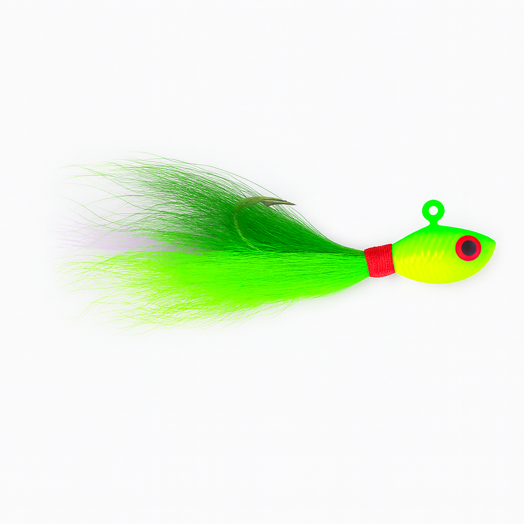 Backwater Bucktail Jig Limeflash 1/2 oz 4.5 in saltwater bucktail lure facing right, chartreuse head with green and lime bucktail hair by Outshore Gear.
