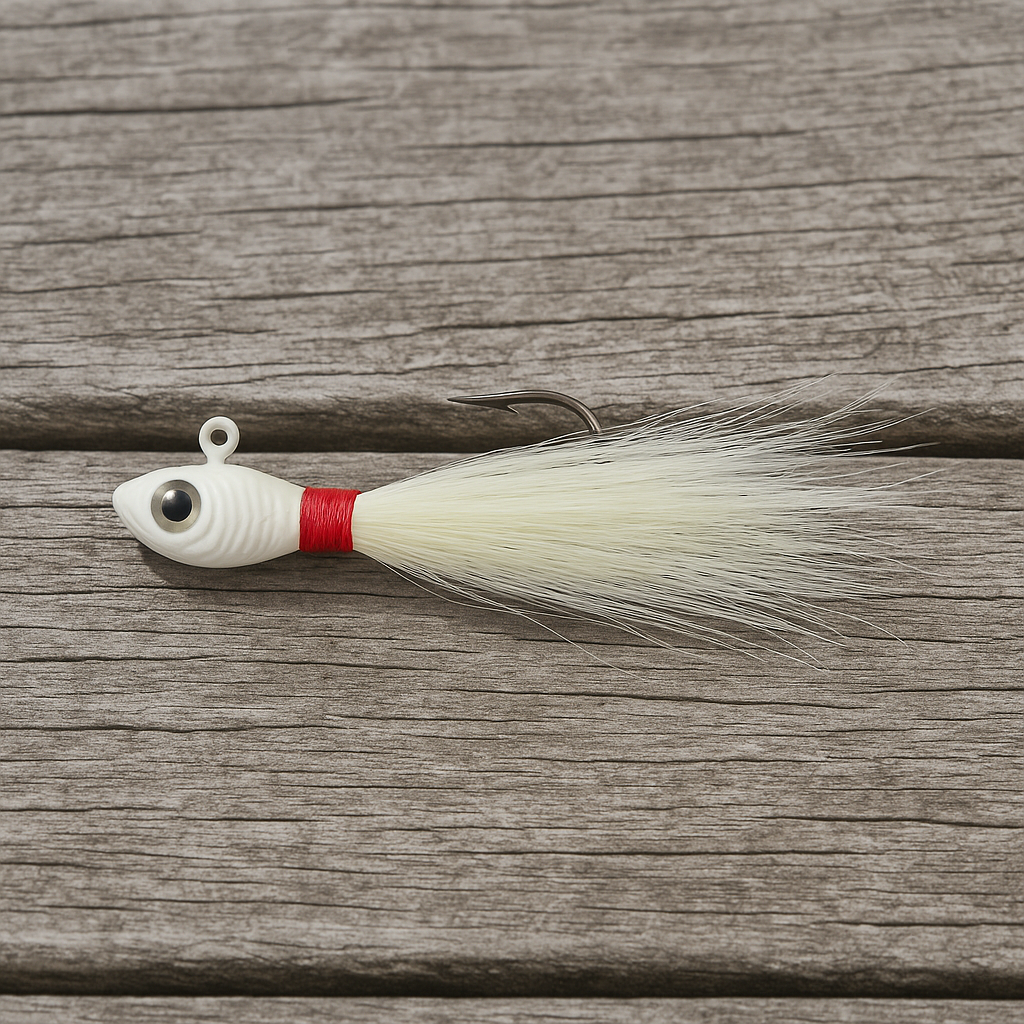 Backwater Bucktail Jig Snowflash 1/2 oz 4.5 in left-facing shown on a boat deck, natural white bucktail saltwater lure by Outshore Gear.
