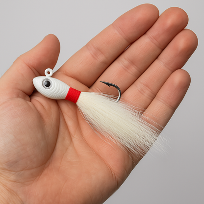 Backwater Bucktail Jig Snowflash 1/2 oz 4.5 in shown in hand for size reference, natural white bucktail saltwater lure by Outshore Gear.
