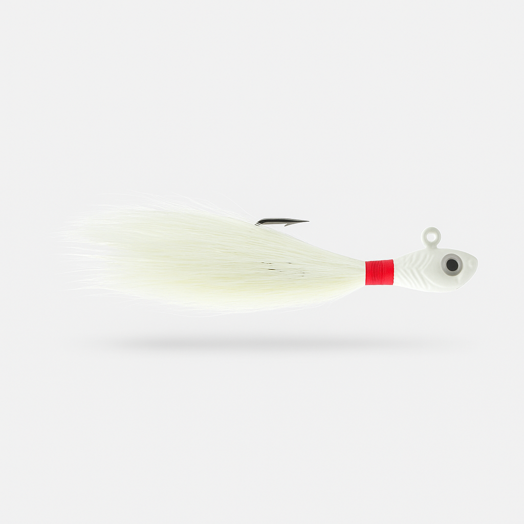 Backwater Bucktail Jig Snowflash 1/2 oz 4.5 in saltwater lure facing right, natural bucktail with glow head and red wrap.
