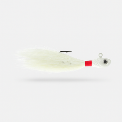 Backwater Bucktail Jig Snowflash 1/2 oz 4.5 in saltwater lure facing right, natural bucktail with glow head and red wrap.
