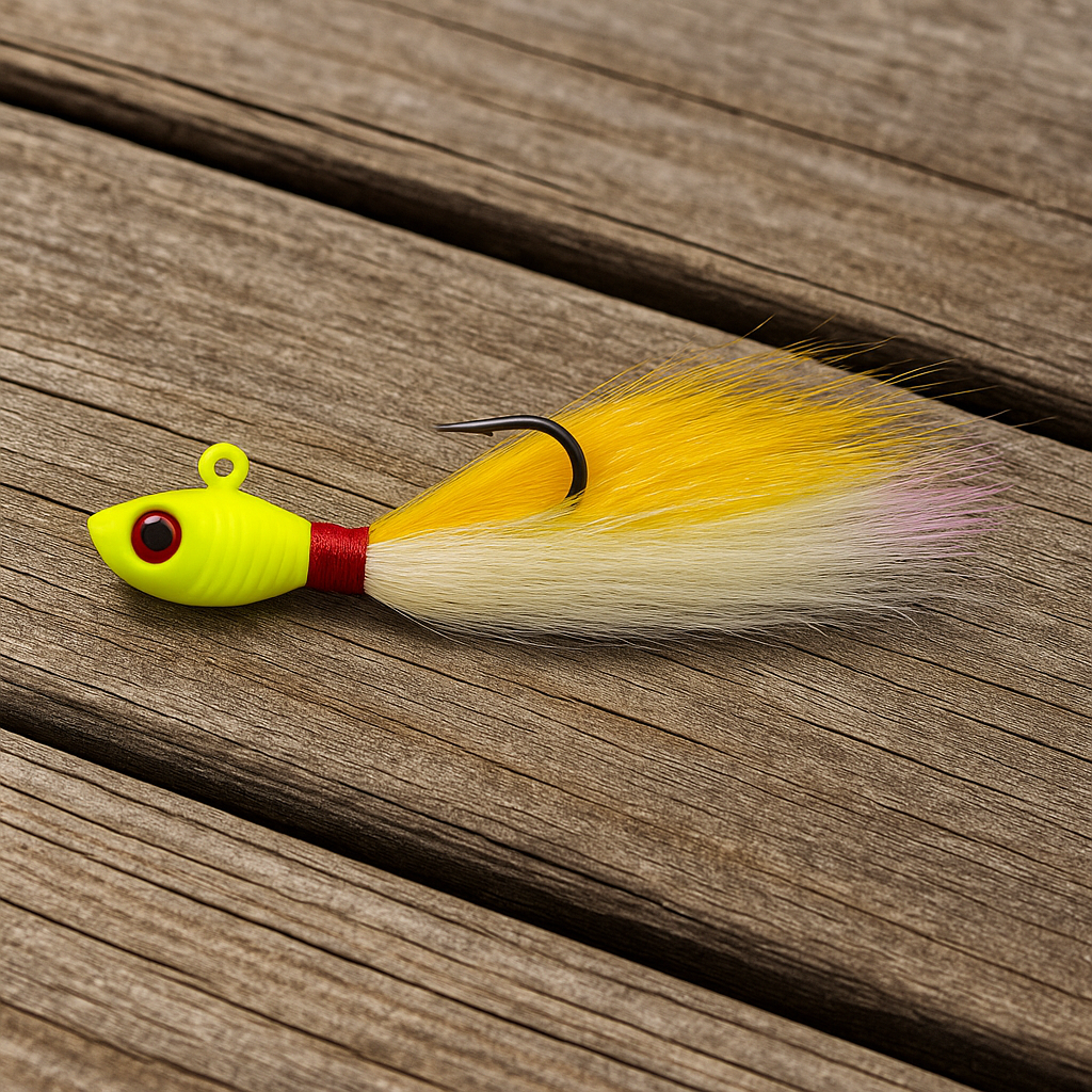 Backwater Bucktail Jig Sunflash 1/2 oz 4.5 in shown on a boat deck, chartreuse and yellow bucktail saltwater jig with red wrap by Outshore Gear.
