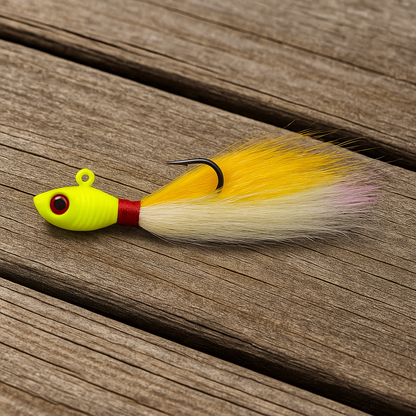 Backwater Bucktail Jig Sunflash 1/2 oz 4.5 in shown on a boat deck, chartreuse and yellow bucktail saltwater jig with red wrap by Outshore Gear.
