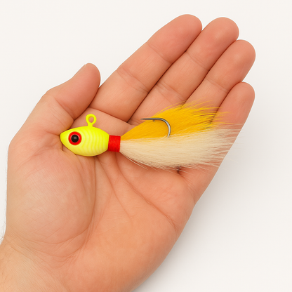 Backwater Bucktail Jig Sunflash 1/2 oz 4.5 in shown in hand for size reference, chartreuse and yellow bucktail lure with red wrap by Outshore Gear.
