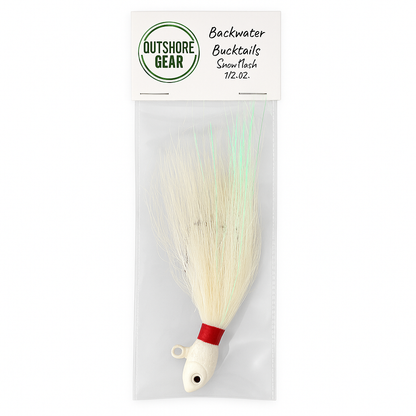 Outshore Gear Backwater Bucktail SnowFlash 1/2 oz packaged bucktail jig with white head and flash fibers