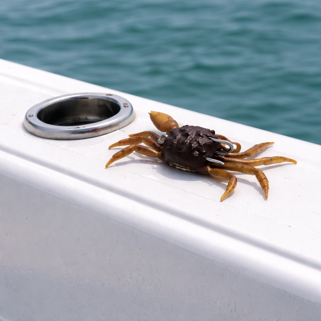 coastal brown soft plastic crab lure on boat gunwale with ocean water background