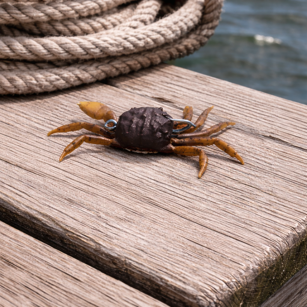 coastal brown 4 inch soft plastic crab lure on wooden dock near water