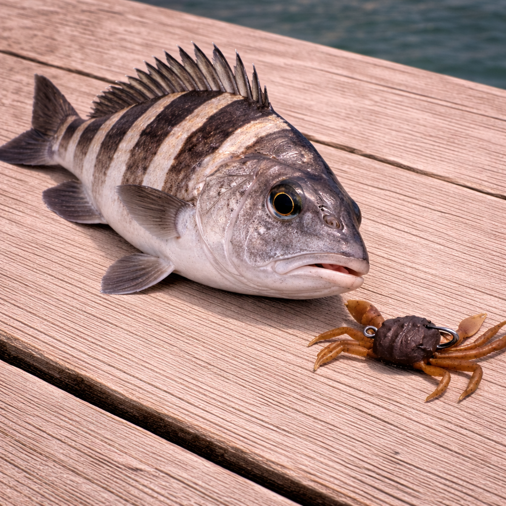 sheepshead fish on dock next to coastal brown soft plastic crab fishing lure