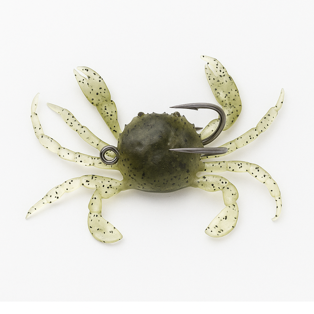 Backwater Crab 3.15-inch 19g soft crab lure Ghost Sand color with translucent olive-tan body, black speckles, and raised claws on white background for saltwater fishing
