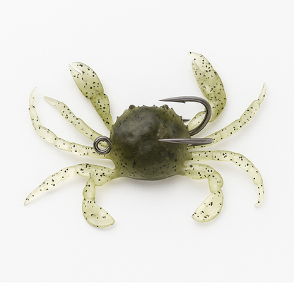 Backwater Crab 3.15-inch 19g soft crab lure Ghost Sand color with translucent olive-tan body, black speckles, and raised claws on white background for saltwater fishing
