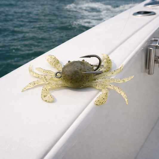 ghost sand 4 inch soft plastic crab lure on boat gunwale with ocean water background