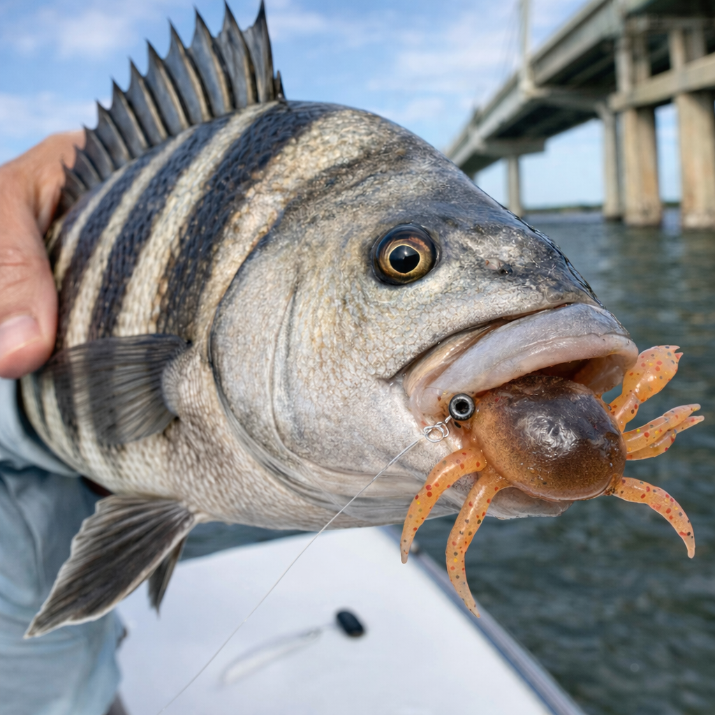 Sheepshead caught using Backwater Crab lure with realistic crab profile for dock and piling fishing