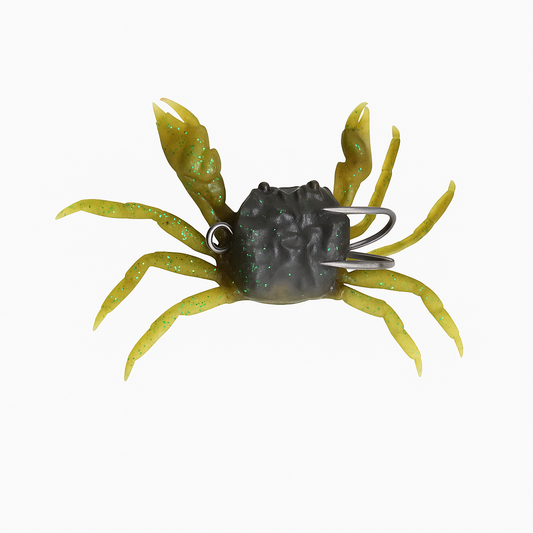 Backwater Crab 4-inch 19g soft crab fishing lure with olive-green legs and raised claws on white background for saltwater fishing