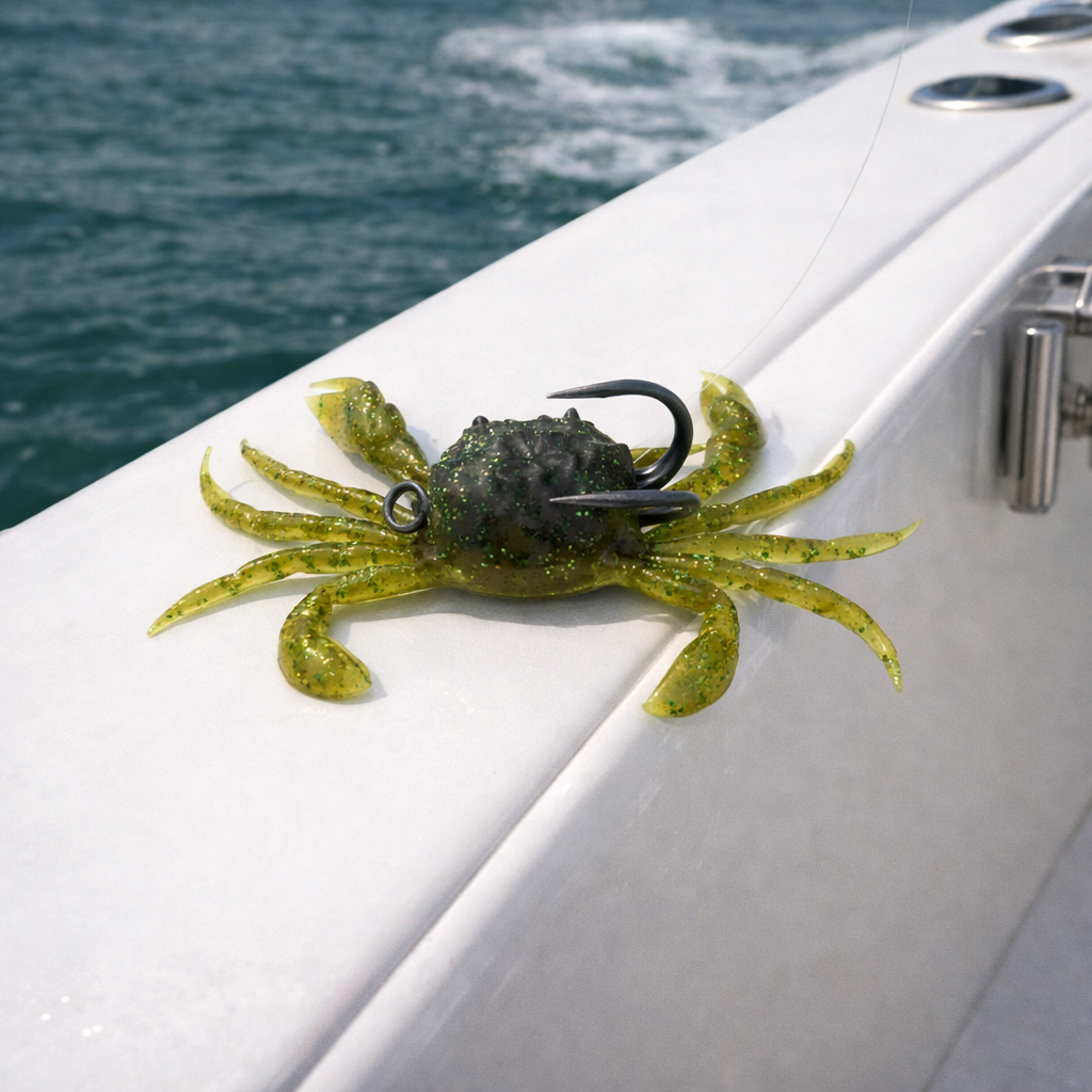 olive glow 4 inch soft plastic crab lure on boat gunwale with ocean water background