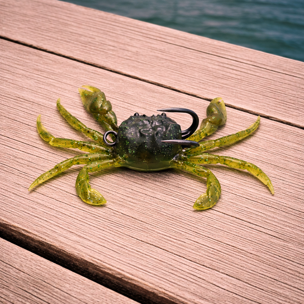 olive glow 4 inch soft plastic crab lure on wooden dock near water