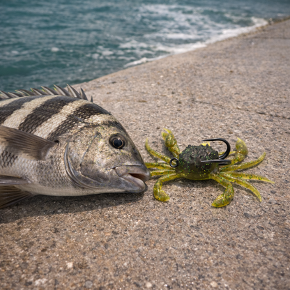 sheepshead fish on concrete boat ramp next to olive glow soft plastic crab fishing lure