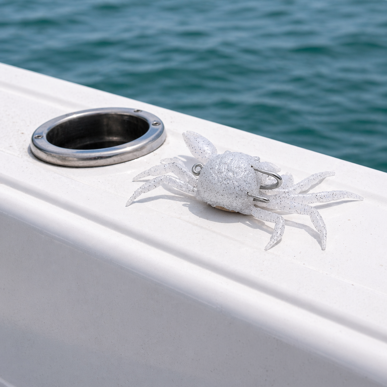 Backwater Crab Oyster White soft plastic lure on boat gunwale with water background inshore fishing bait for sheepshead