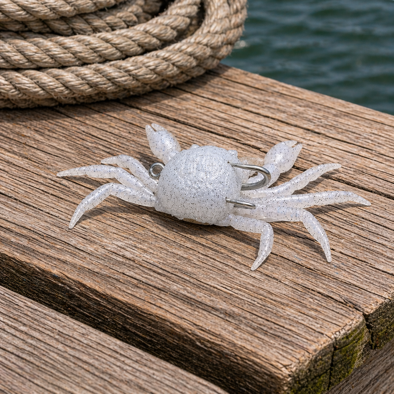 Backwater Crab Oyster White soft plastic lure on dock with rope and water background for sheepshead fishing around structure